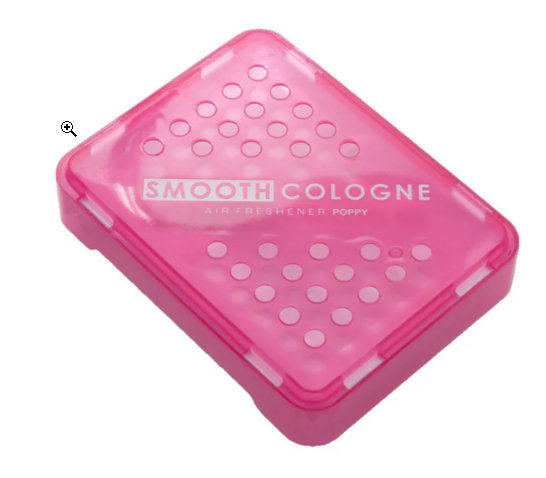 Pink air freshener with 'Smooth Cologne' text on a white background