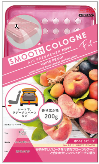 Pink air freshener packaging with images of peaches and text on a white background