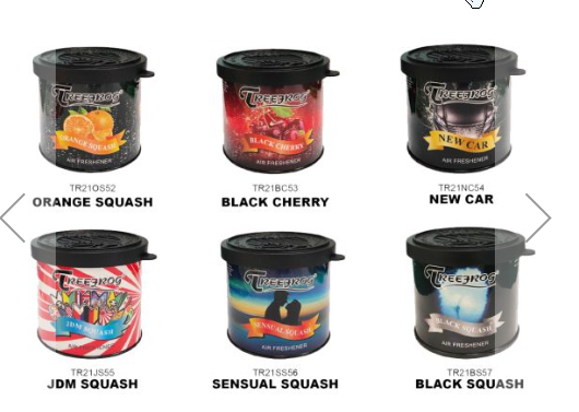 A collection of Treefrog Fresh Box Classic Assorted air fresheners in various colors and designs, each labeled with different fragrance names such as Orange Squash, Black Cherry, New Car, JDM Squash, Sensual Squash, and Black Squash.